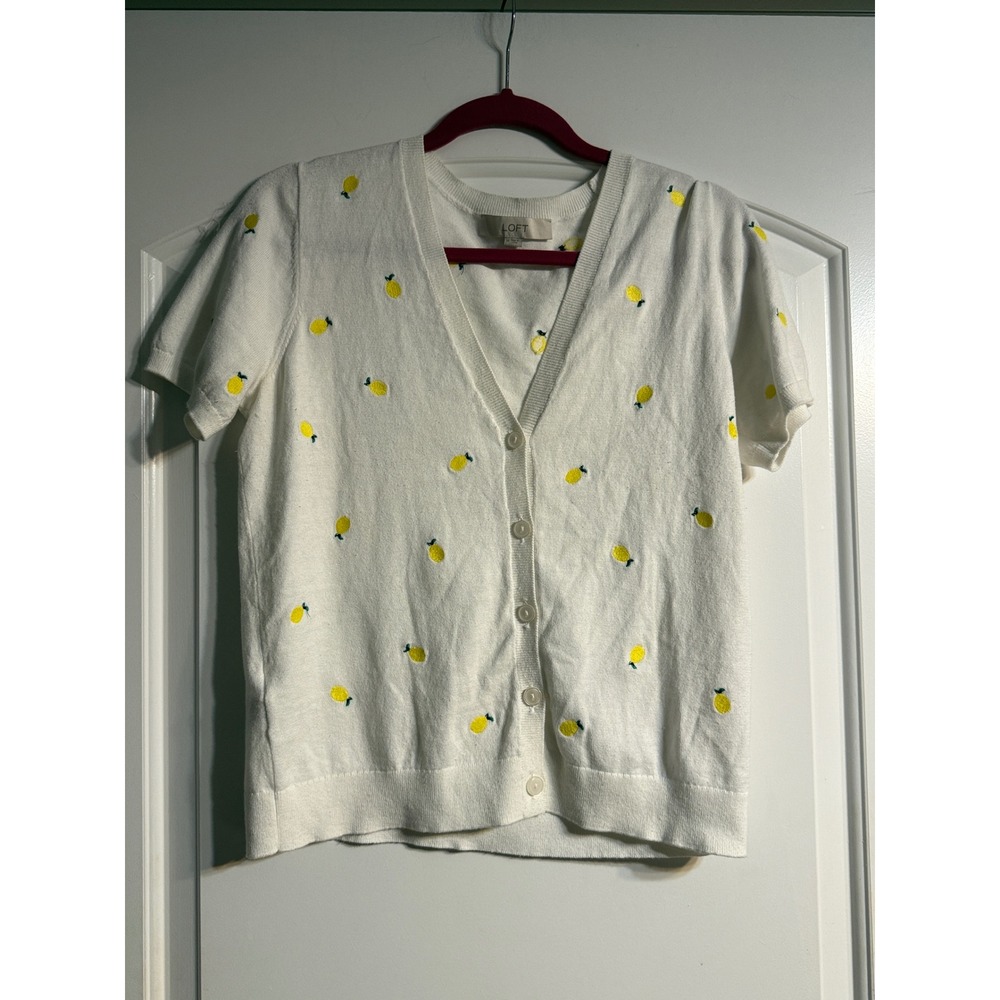 LOFT Cardigan Medium White Yellow Lemon Embroidered Short Sleeve Grandmacore